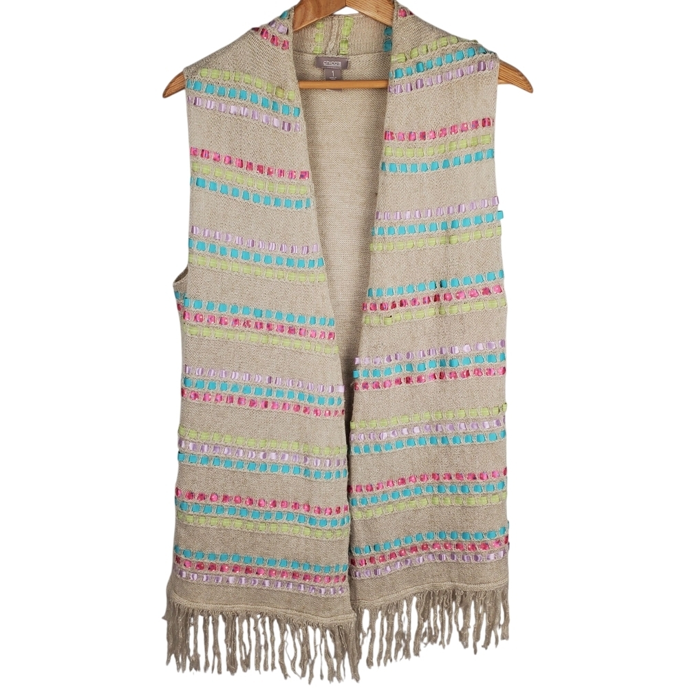 Chico's Multicolor Fringe Cardigan Vest.  MED (Chico's 1). 0140